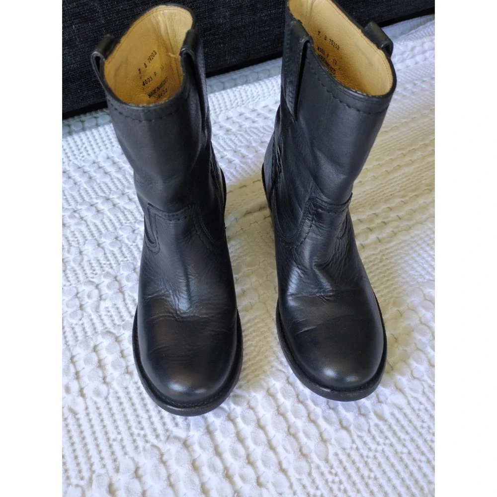 FRYE Carmen X Stitch Leather Heeled Ankle Boots Size 7 B Black Pull On